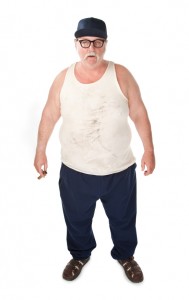 Obese man in tee shirt on white background